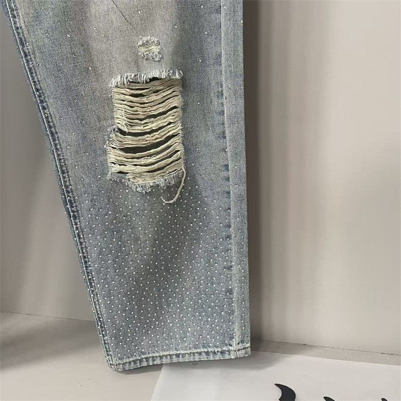 Calça Jeans Masculina Blue Washed MIXED EMOTION Hot Drill Letter Retrô Americana Calça Jeans Feminina Mixed Emotion