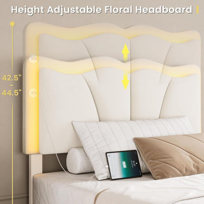 Estrutura de Cama Queen com 4 Gavetas de Armazenamento e Luzes LED, Estrutura de Cama Plataforma Estofada em Veludo com Cabeceira Ajustável em Altura