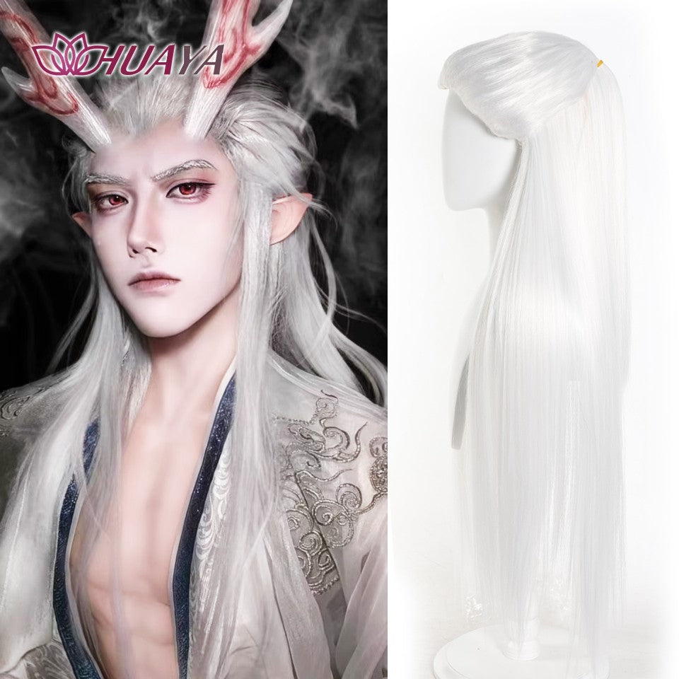 Peruca Sintética Longa Lisa para Cosplay Estilo Antigo Chinês Masculina Príncipe Bonito Penteado Cabelo Caído Peruca Hanfu