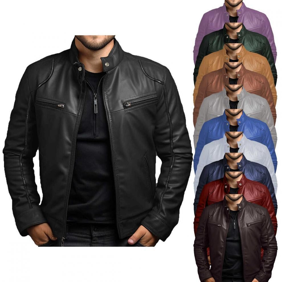 New Men's Business Leather Jacket for Autumn and Winter, Fashionable Stand Up Collar Casual Leather Jacket for Men