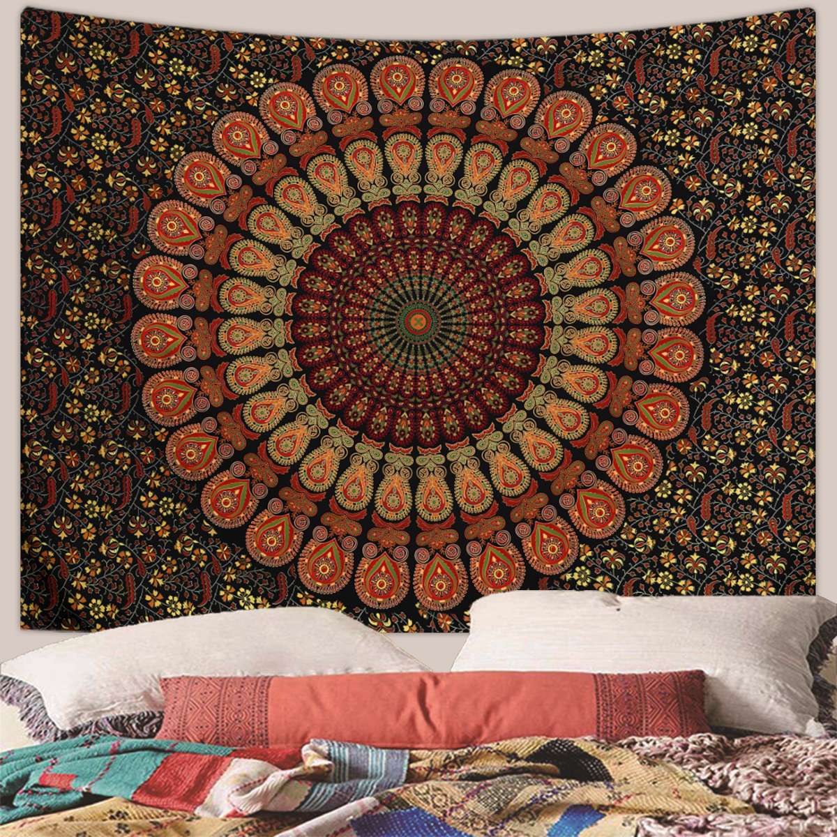 1pc Bohemian Mandala Tapestry, Retro Plant Flower psychedelic Tapestry, Hippie Style Room Decoration Wall Hanging