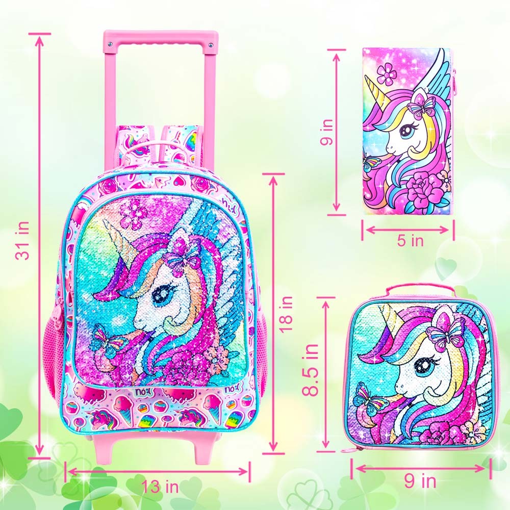 Mochila de Rodinhas de Unicórnio 3 Peças para Meninas, Mochilas Escolares Infantis com Rodas, Mochila de Rodinhas com Lancheira para Pré-Escolares e Ensino Fundamental