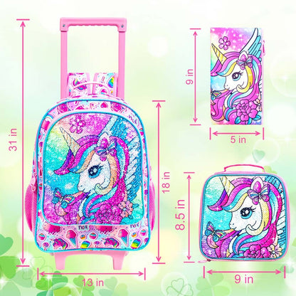 Mochila de Rodinhas de Unicórnio 3 Peças para Meninas, Mochilas Escolares Infantis com Rodas, Mochila de Rodinhas com Lancheira para Pré-Escolares e Ensino Fundamental