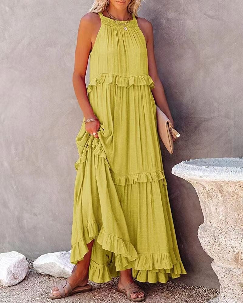Elegant Women's Apricot Ruffle Edge Long Mop Floor Dresses Summer Fashion Hangin