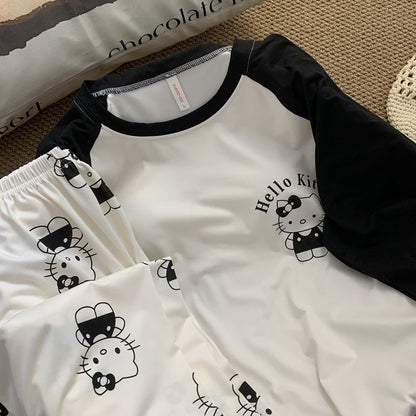 Cartoon HelloKitty Print 2PCS Set Women's Sleepwear with Chest Pad Plus Size Pyjamas Loungewear Crew Neck Loose Pajamas Homewear