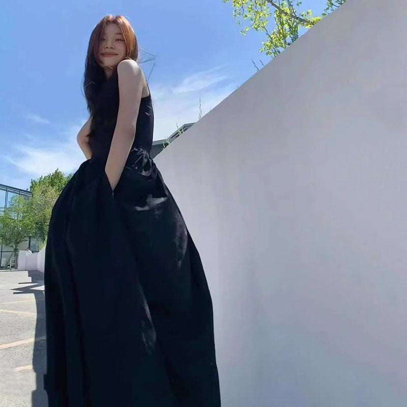 Black Strapless Long Dress Women Fashion Slim Sleeveless O-Neck High Waist Dress