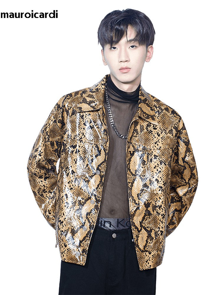 Mauroicardi Spring Autumn Loose Cool Shiny Colorful Snakeskin Print Pu Leather Jacket Men Luxury Designer Clothes Streeetwear