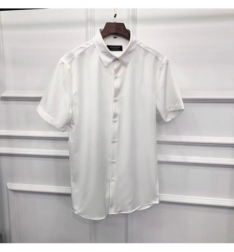 Korean Fashion Trend Casual Elastic Design Sense Short Sleeve Shirt Men's Solid Lapel Collar Button Breathable Simple Slim Tops