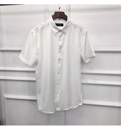 Korean Fashion Trend Casual Elastic Design Sense Short Sleeve Shirt Men's Solid Lapel Collar Button Breathable Simple Slim Tops