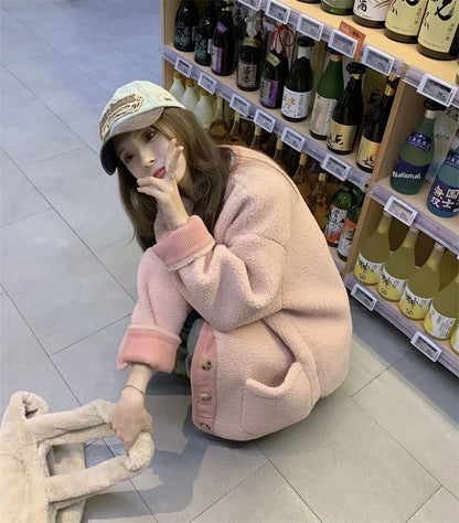 2024 Winter New Women's Lamb Wool Jacket Petite Loose-Fit Thickened Integrated Deer Skin Fleece Medium-Length Korean Style