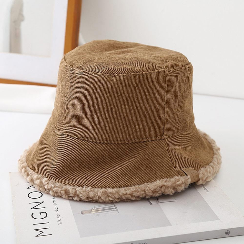 Trendy Lambswool Winter Bucket Hat Thickened Soft Fisherman Cap Warm Corduroy Beanies Cap for Casual, Trips, Sports, Skiing