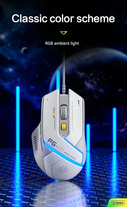 Mouse Inphic PG1 com Fio para Escritório/Jogos com 12 Efeitos de Iluminação RGB e 12800DPI, Adequado para Desktops e Laptops
