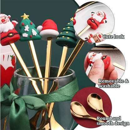 Conjunto 6 Peças de Garfos e Colheres Papai Noel Árvore de Natal Aço Inoxidável Colher de Café Sobremesa Utensílios de Mesa para Festa de Natal Presente Requintado