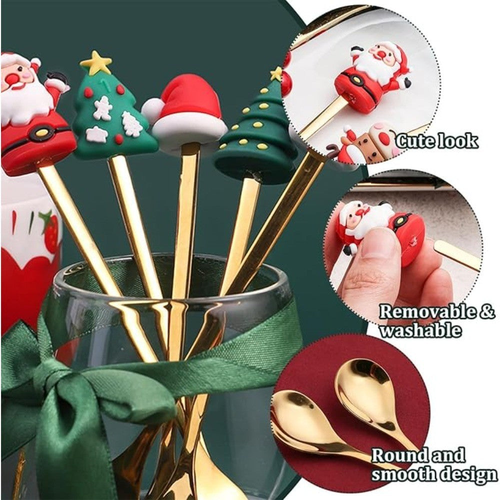 Conjunto 6 Peças de Garfos e Colheres Papai Noel Árvore de Natal Aço Inoxidável Colher de Café Sobremesa Utensílios de Mesa para Festa de Natal Presente Requintado