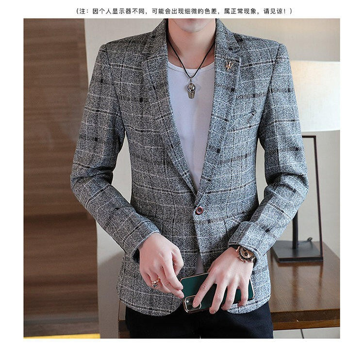 Men's casual plaid suit jacket, fashionable and versatile slim-fitting top, stylish plaid suit