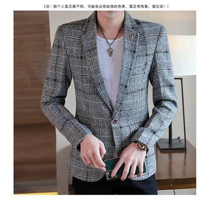 Men's casual plaid suit jacket, fashionable and versatile slim-fitting top, stylish plaid suit