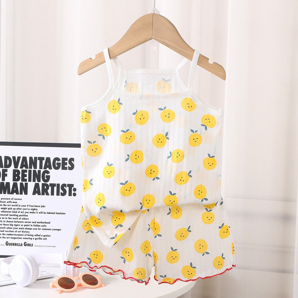 2 Pcs 2025 Summer Girl's Pajamas Sets Loungewear Set Strap Sleepwear Pants Skirt Baby Girl Clothes Sleeveless Children's Clothes