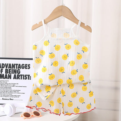 2 Pcs 2025 Summer Girl's Pajamas Sets Loungewear Set Strap Sleepwear Pants Skirt Baby Girl Clothes Sleeveless Children's Clothes