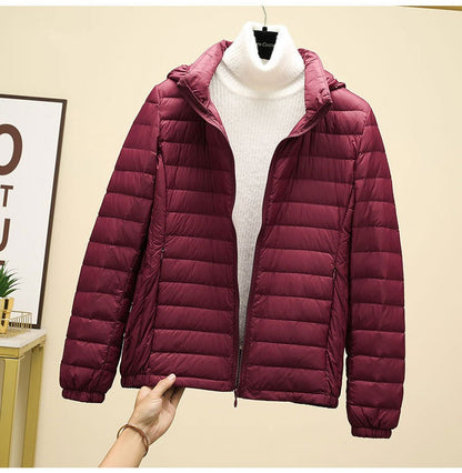 Schinteon Women Ultralight 90% White Duck Down Jacket with Removable Hood Autumn Winter Thin Outwear Portable Storage 2024 New