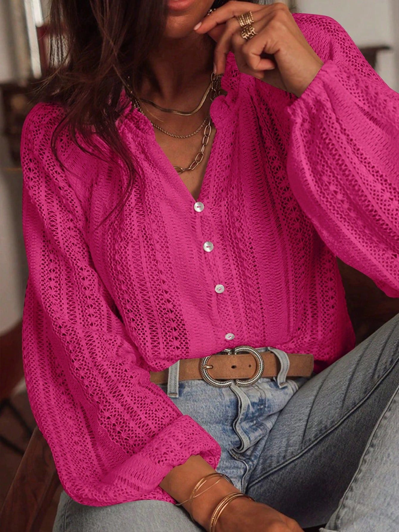 2025 Spring and Autumn Long Sleeve Women's Shirt Loose Fashion All-Match Hollow Lace V-neck Single Breaked Blouses