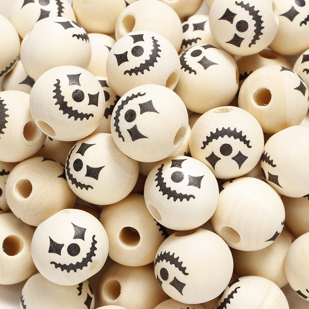 10pcs 16mm Wooden Spacer Beads Halloween Print Spider Eye Witch Bloodstain Ghost Face Mask Beads For Making Bracelet Necklace