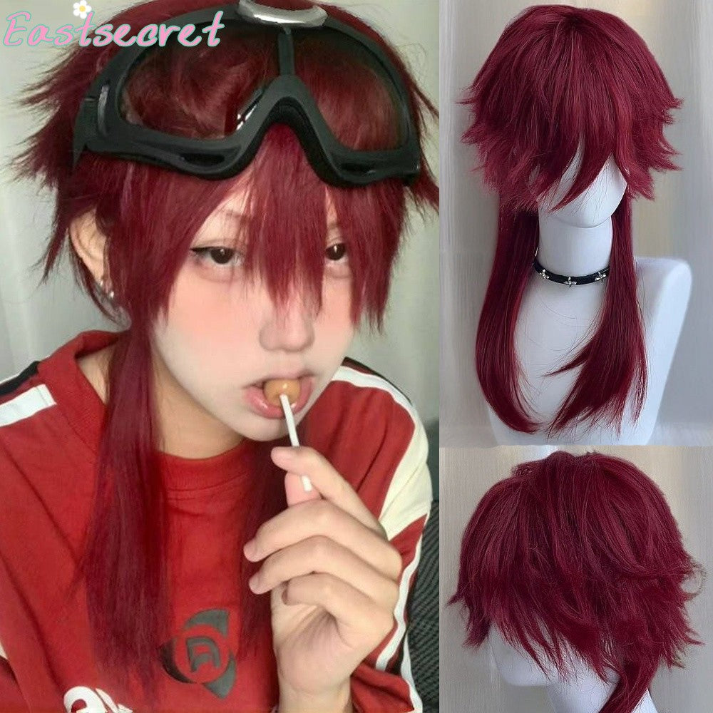 Peruca Sintética Vermelha Longa Reta EAST Mullet Cauda de Lobo em Camadas Fofa Feminina e Masculina para Festa Diária Lolita Cosplay