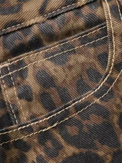 American vintage leopard print jeans female autumn winter new design sense small straight tube overalls casual pants