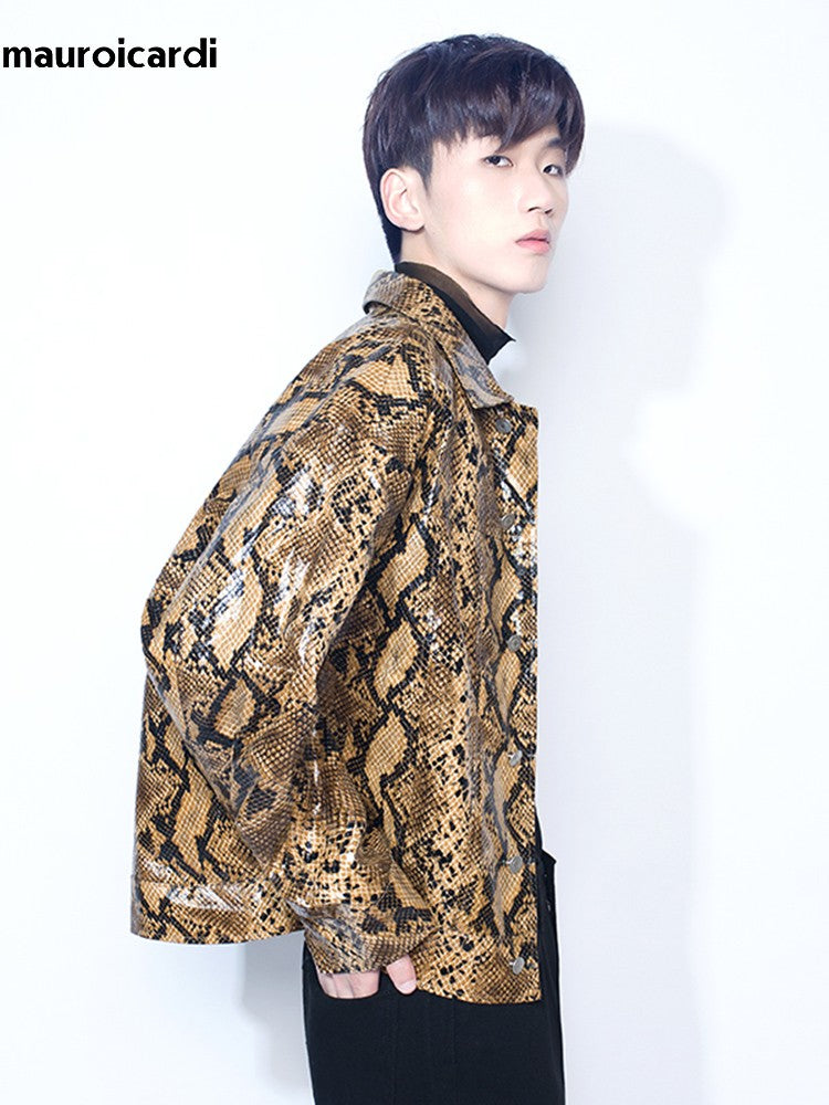Mauroicardi Spring Autumn Loose Cool Shiny Colorful Snakeskin Print Pu Leather Jacket Men Luxury Designer Clothes Streeetwear