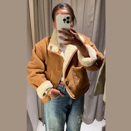 Suede Plush Both Sides Women's Coat Jacket Single Breasted Stand-Up Collar Pockets Female Jackets Autumn Loose Solid Coat Ladies