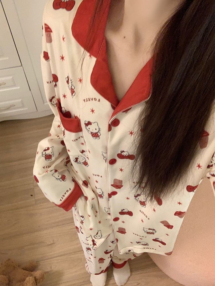 Hello Kitty Women's 2025 Autumn Loose Fit Cardigan Pajama Set Long Sleeve Cozy Home Wear Sleepwear Loungewear Outfit