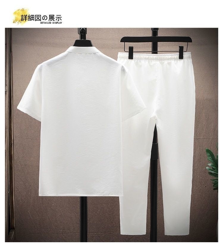 Summer New Fashion Solid Color Breathable Cotton and Linen Suit Men's Leisure Loose Sports Large Size High-Grade Two-Piece Set