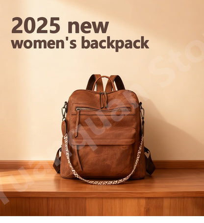 Women's Waterproof and Anti-theft PU Leather Large Capacity Retro Travel College Style Laptop Backpack Shoulder Bag Handbag