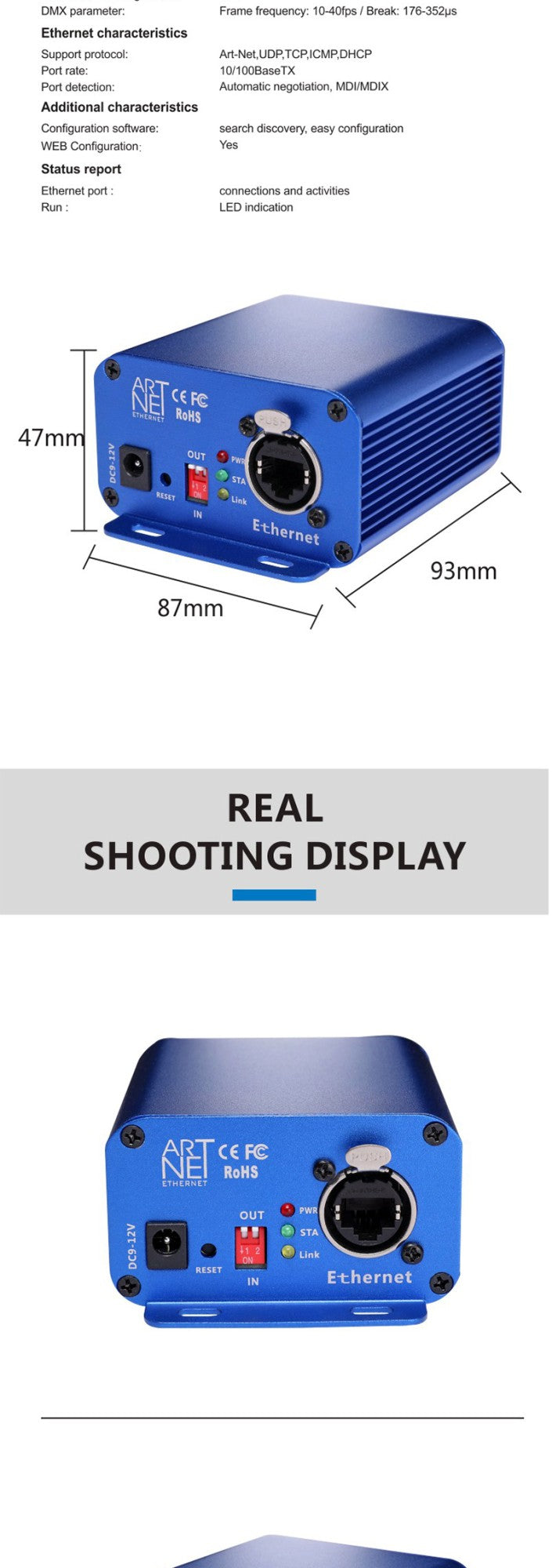 Artnet to DMX Controller, DMX Ethernet Lighting Controller, Professional Artnet DMX Interface , 3 Pin Output, Aluminum Housing