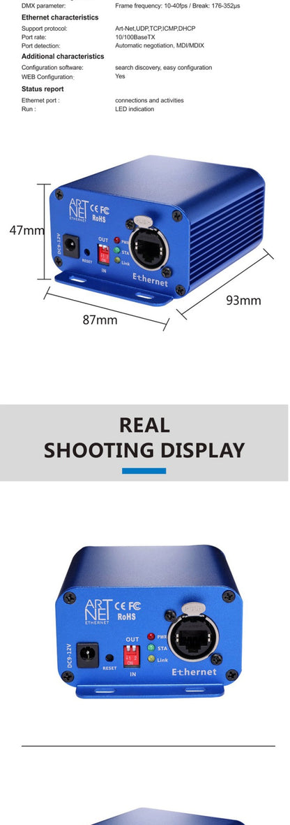Artnet to DMX Controller, DMX Ethernet Lighting Controller, Professional Artnet DMX Interface , 3 Pin Output, Aluminum Housing