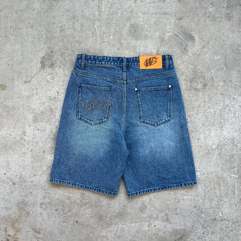 Y2K baggy denim shorts retro embroidered letter striped graphic zipper shorts men women clothing trendy hip hop streetwear