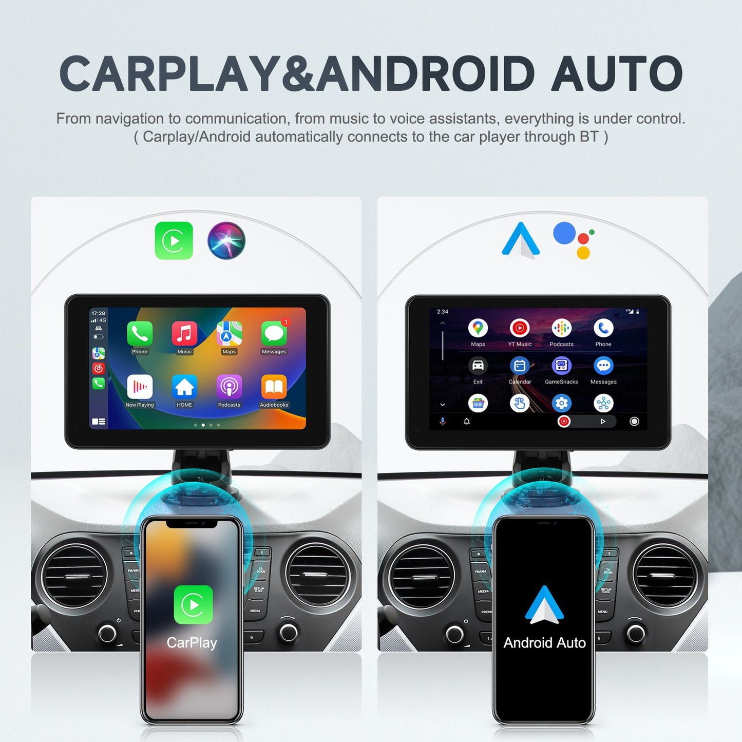 Podofo 7" Wireless CarPlay Player Android Auto IPS Multimedia Player FM Radio Bluetooth Intelligent System Autoradio 2din Stereo