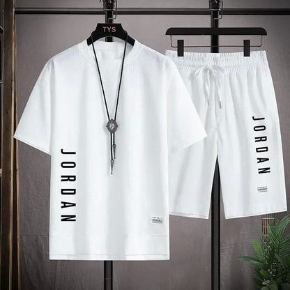 2025 Elegant casual T-shirt and shorts set for men's sports suit loose and comfortable summer waffle set for men