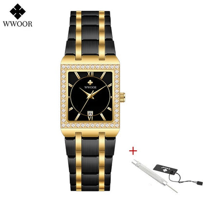 WWOOR Top Brand Luxury New Ladies Diamond Watch Fashion Square lady Wrist Watch Simple Women Dress Small Watch Relogio Feminino