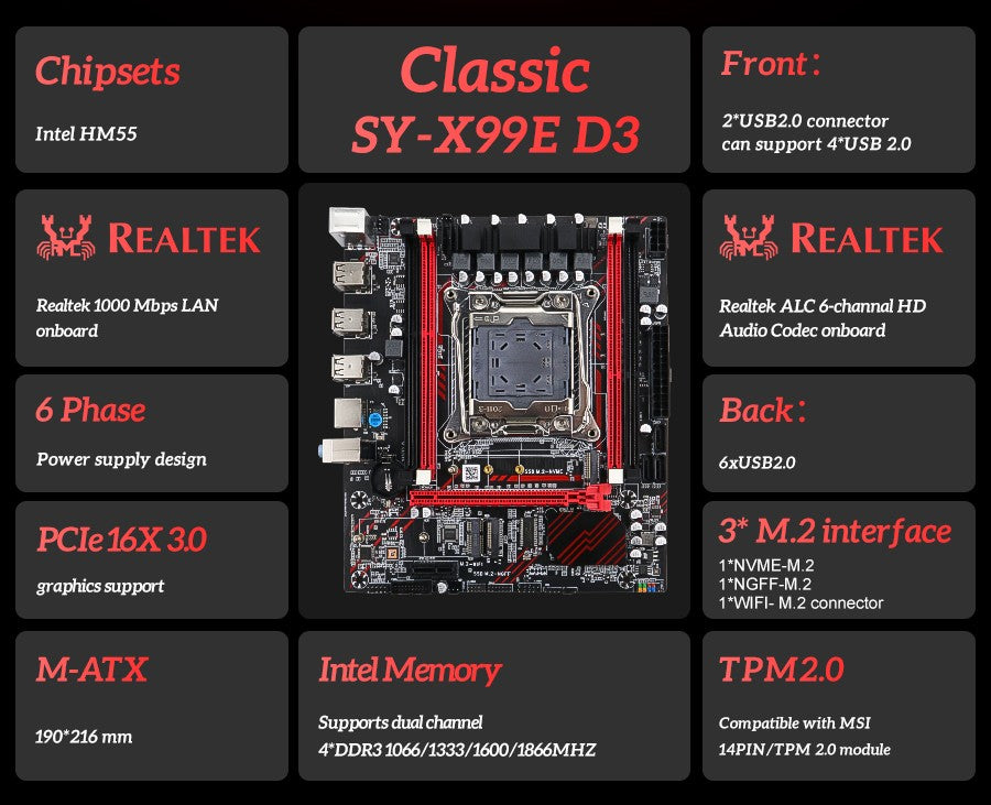 Conjunto de Placa-mãe SOYO X99 D3 Gaming com CPU Intel LGA2011-3 E5 2676 V3 Memória RAM ECC DDR3 8GB*1 Componentes de computador M.2 NVME
