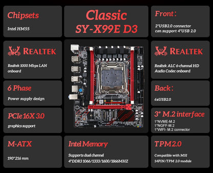 Conjunto de Placa-mãe SOYO X99 D3 Gaming com CPU Intel LGA2011-3 E5 2676 V3 Memória RAM ECC DDR3 8GB*1 Componentes de computador M.2 NVME