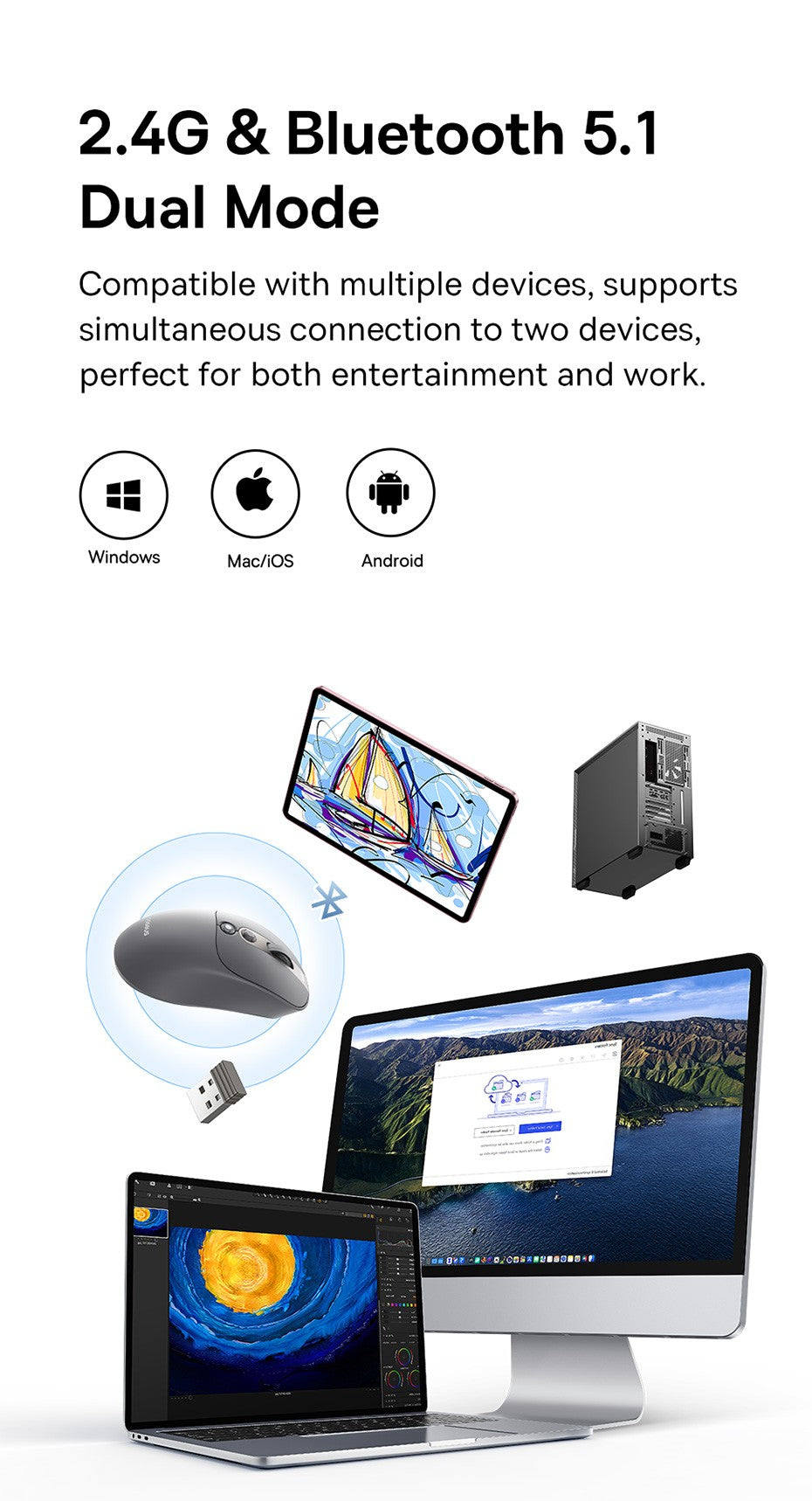 Mouse Sem Fio Baseus Editor Pro Bluetooth 5.1 Modo Duplo Bateria de Longa Duração Recarregável Ergonômico de Escritório com Display