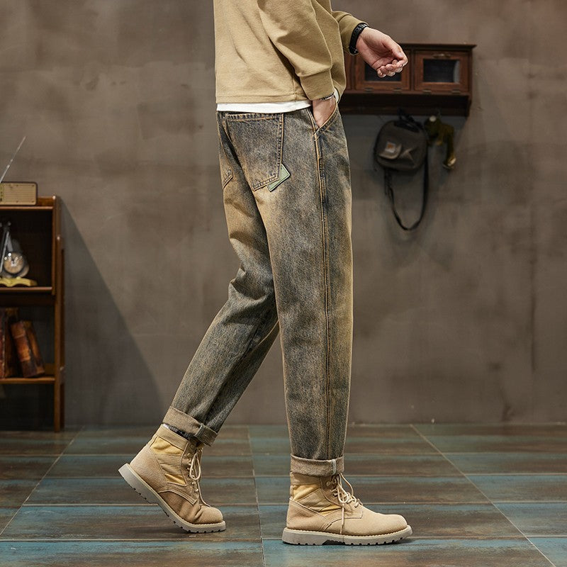 Autumn and Winter Men's Loose 95% Cotton Jeans Retro Yellow Mud  Street Hip-hop Baggy Harem Pants Outdoor Boys Workwear Pants