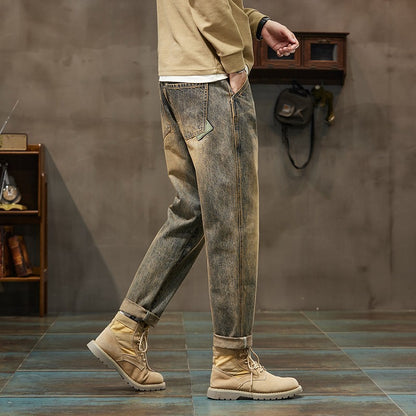 Autumn and Winter Men's Loose 95% Cotton Jeans Retro Yellow Mud  Street Hip-hop Baggy Harem Pants Outdoor Boys Workwear Pants