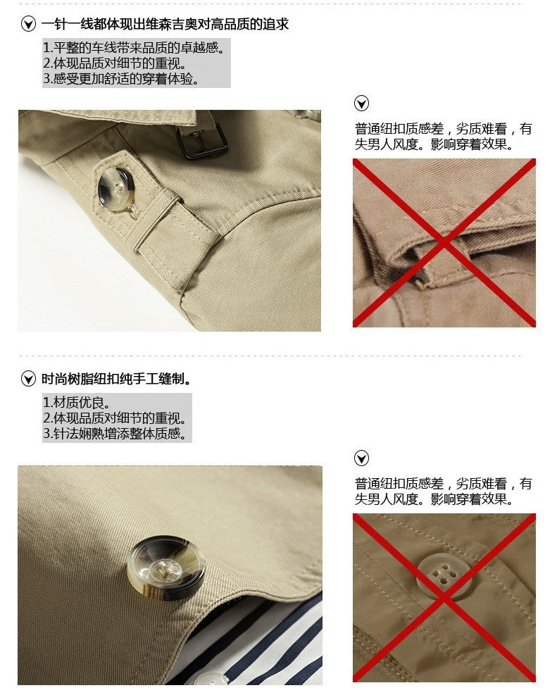 Men's Spring and Autumn New Fashion Casual Cotton Trench Coat, Solid Color Lapel Single-breasted Mid-long Splicing Trench Coat
