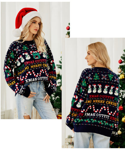 Fairyshely 2026 Winter Christmas Loose Knitted Sweater Women Casual Print Pullover Autumn Lady Casual O Neck Long Sleeve Jumper