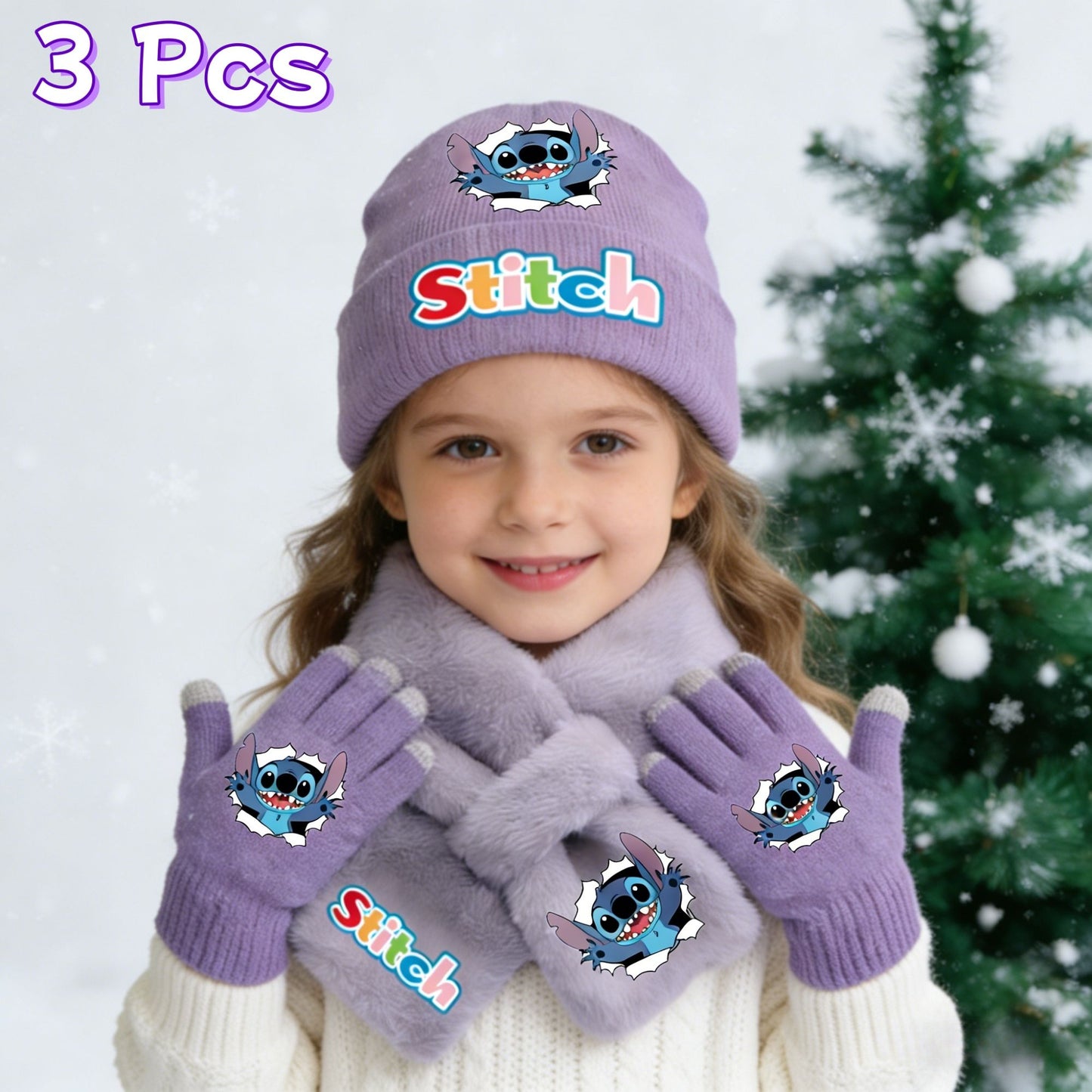 Conjunto de 3 peças de chapéu, cachecol e luvas de malha de inverno Stitch Disney Kawaii quente para meninas Acessórios casuais de moda infantil presente de Natal perfeito