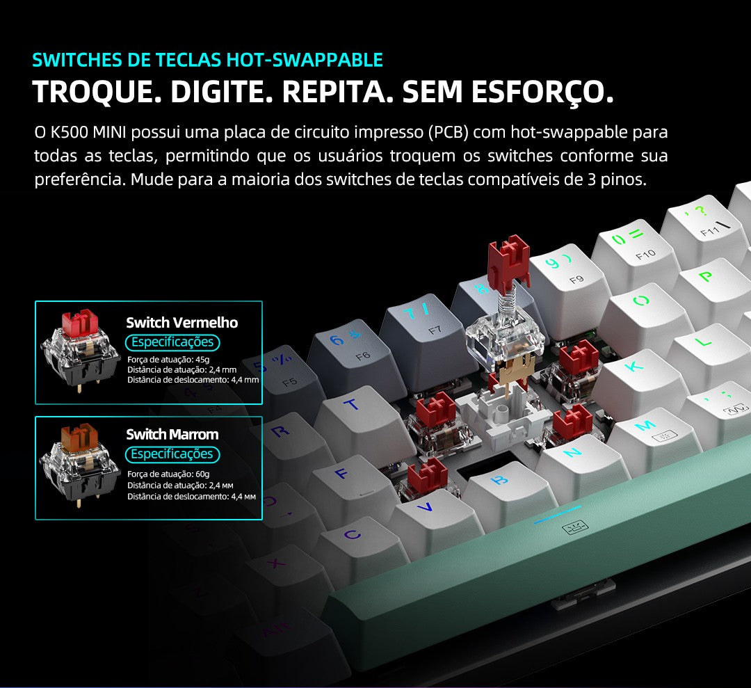 Machenike K500-B61 Mini Teclado Mecânico 60% Layout ABNT2 Retroiluminação RGB Hot-swappable NKRO Teclado Gamer Com Fio Para PC