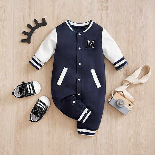 Macacão Recém-nascido Uniforme de Beisebol Primavera e Outono 0-18 meses Meninos Algodão Roupa de Bebê Macacão Bordado Pré-escola