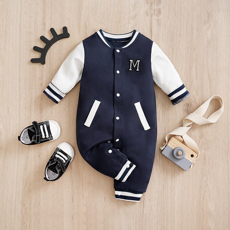 Macacão Recém-nascido Uniforme de Beisebol Primavera e Outono 0-18 meses Meninos Algodão Roupa de Bebê Macacão Bordado Pré-escola