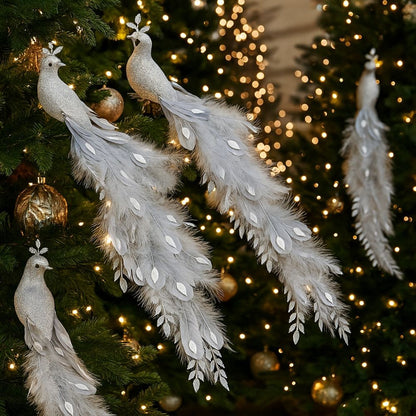 Long Tail Christmas Peacock Ornaments Realistic Glimmering Feather Peacock Bird Figurine Handmade with Clip Christmas Tree Decor